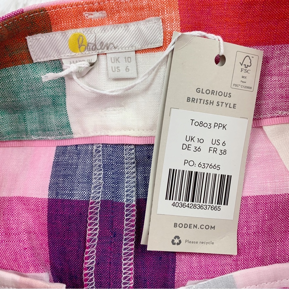 Boden Alma high rise Tie Waist Linen Shorts Bonbon Pink, Flambe Check - Picture 8 of 11